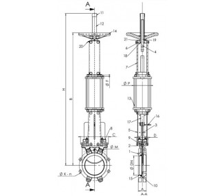 Ductile iron knife gate valve with double-acting pneumatic actuator + manual emergency control