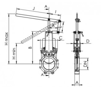 Knife gate valve with lever stainless steel body - between flanges PN10