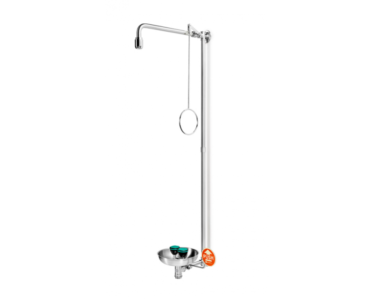 PremiumLine varnostni tuš, kombinacija, z varnostno prho za oči s posodo iz nerjavečega jekla, stenska, vidna cev