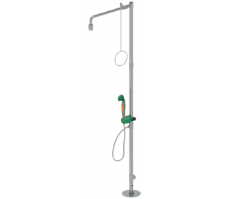PremiumLine body safety shower with hand-held eye shower with one spray head 45°, floor mounted